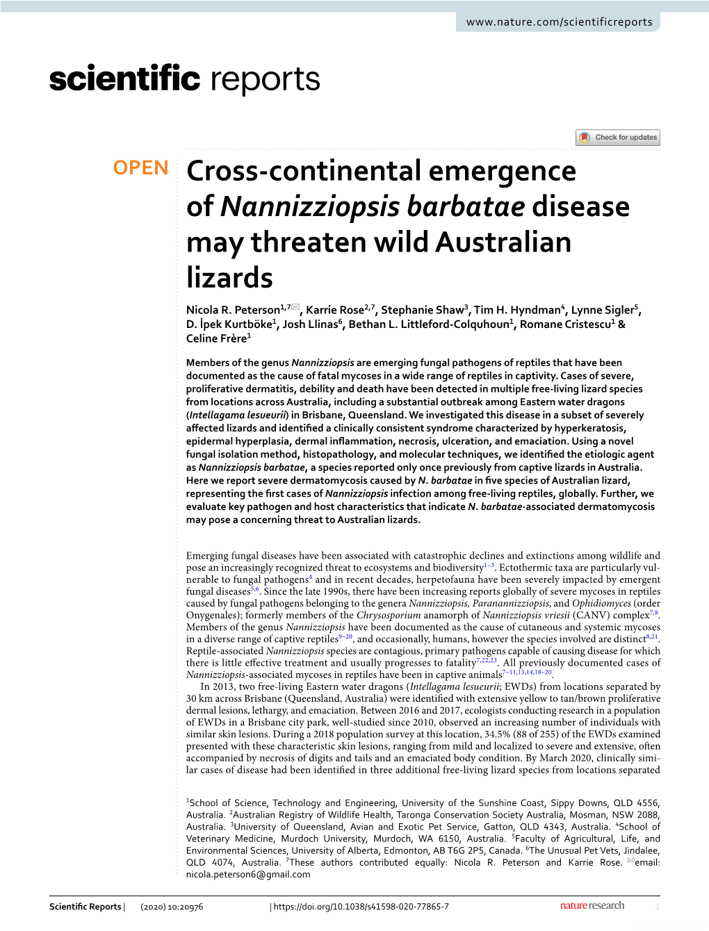 Cross-Continental Emergence of Nannizziopsis Barbatae Disease