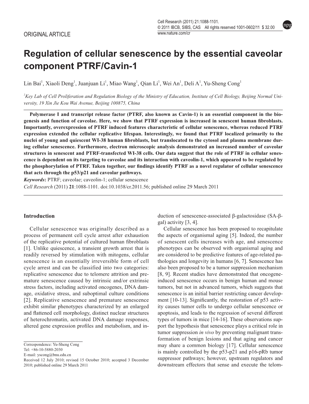 Regulation of Cellular Senescence by the Essential Caveolar Component PTRF/Cavin-1