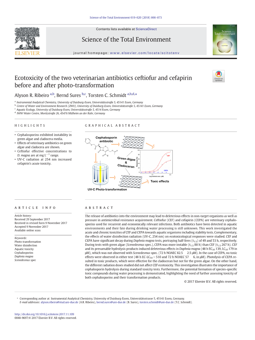 Ecotoxicity of the Two Veterinarian Antibiotics Ceftiofur and Cefapirin Before and After Photo-Transformation