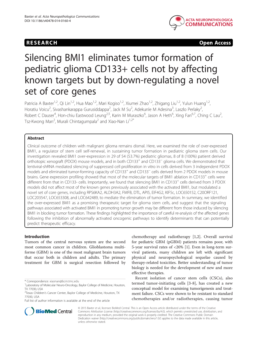 Silencing BMI1 Eliminates Tumor Formation of Pediatric Glioma