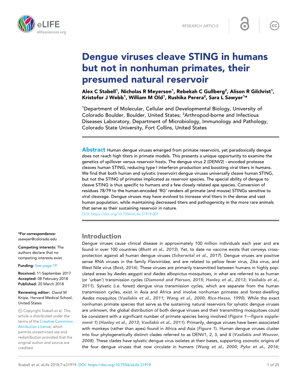 Dengue Viruses Cleave STING in Humans but Not in Nonhuman