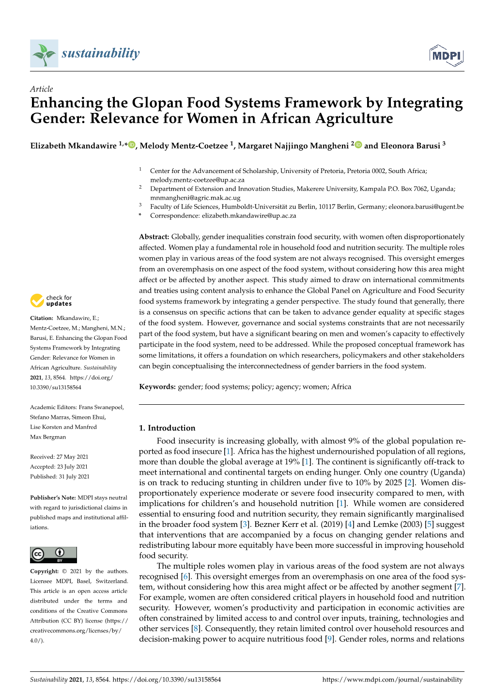 Enhancing the Glopan Food Systems Framework by Integrating Gender: Relevance for Women in African Agriculture