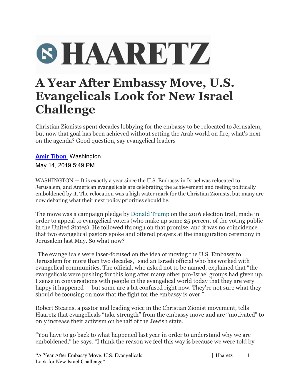 A Year After Embassy Move, U.S. Evangelicals Look for New Israel Challenge