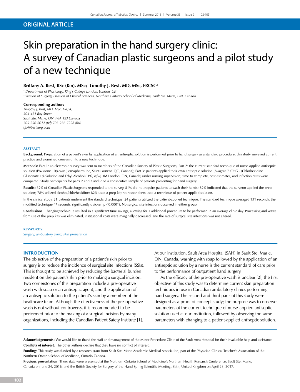 Skin Preparation in the Hand Surgery Clinic: a Survey of Canadian Plastic Surgeons and a Pilot Study of a New Technique