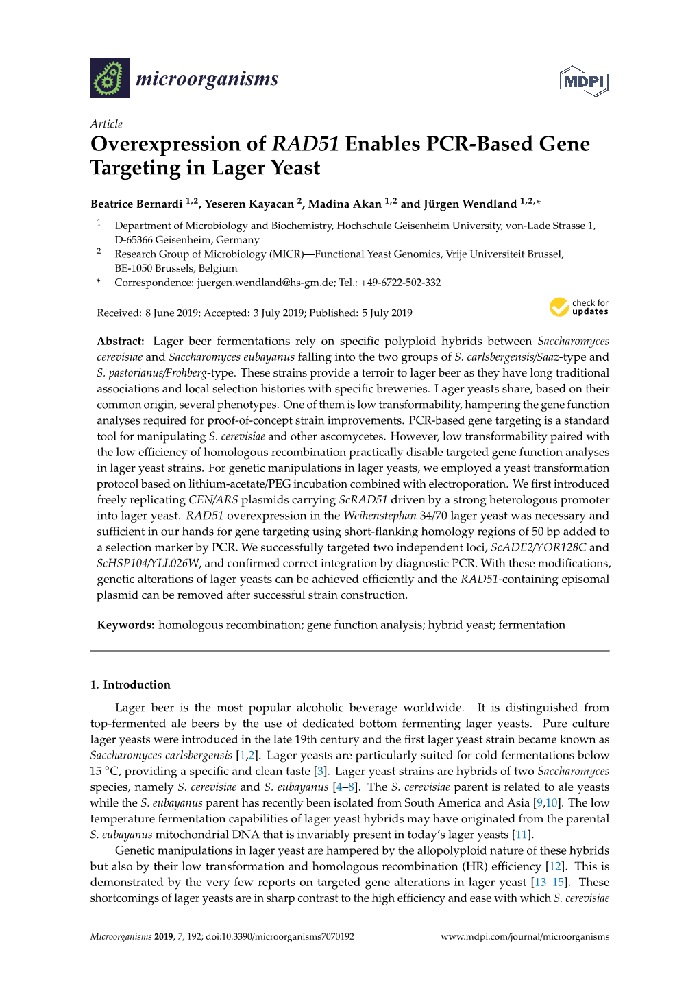 Overexpression of RAD51 Enables PCR-Based Gene Targeting in Lager Yeast