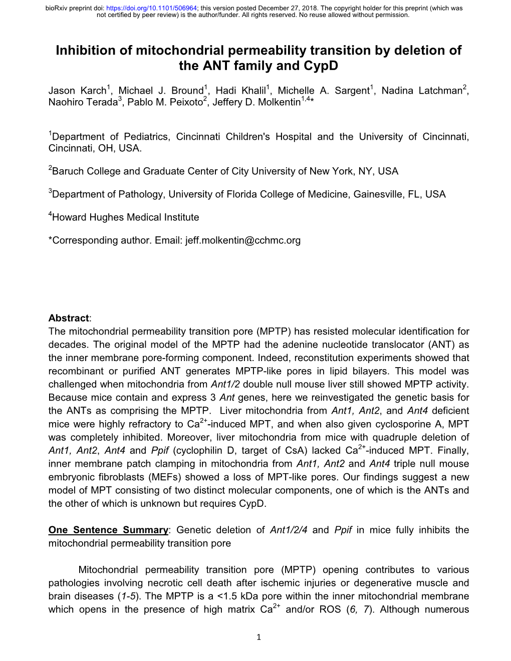 Inhibition of Mitochondrial Permeability Transition by Deletion of the ANT Family and Cypd