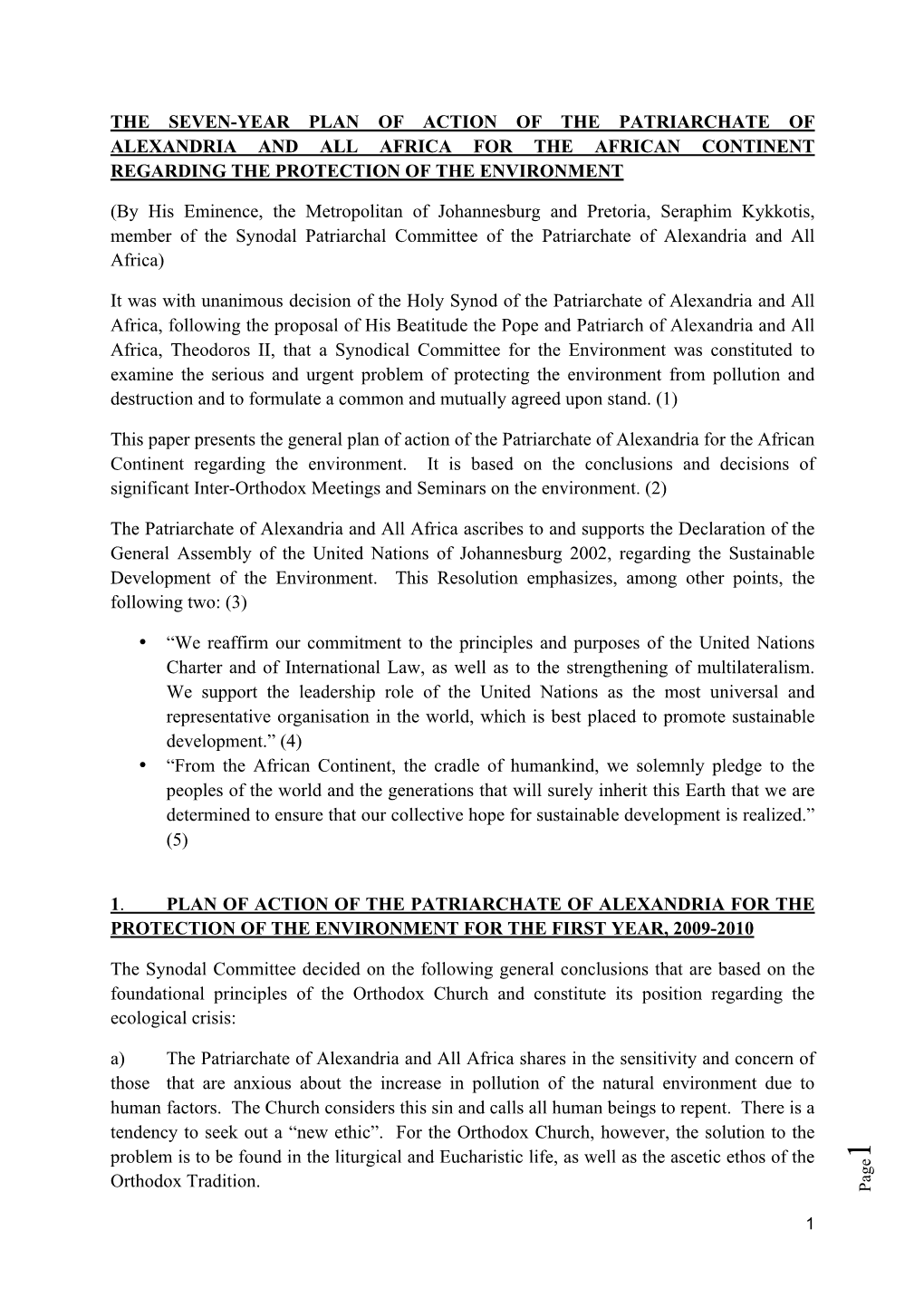 The Seven-Year Plan of Action of the Patriarchate of Alexandria and All Africa for the African Continent Regarding the Protection of the Environment