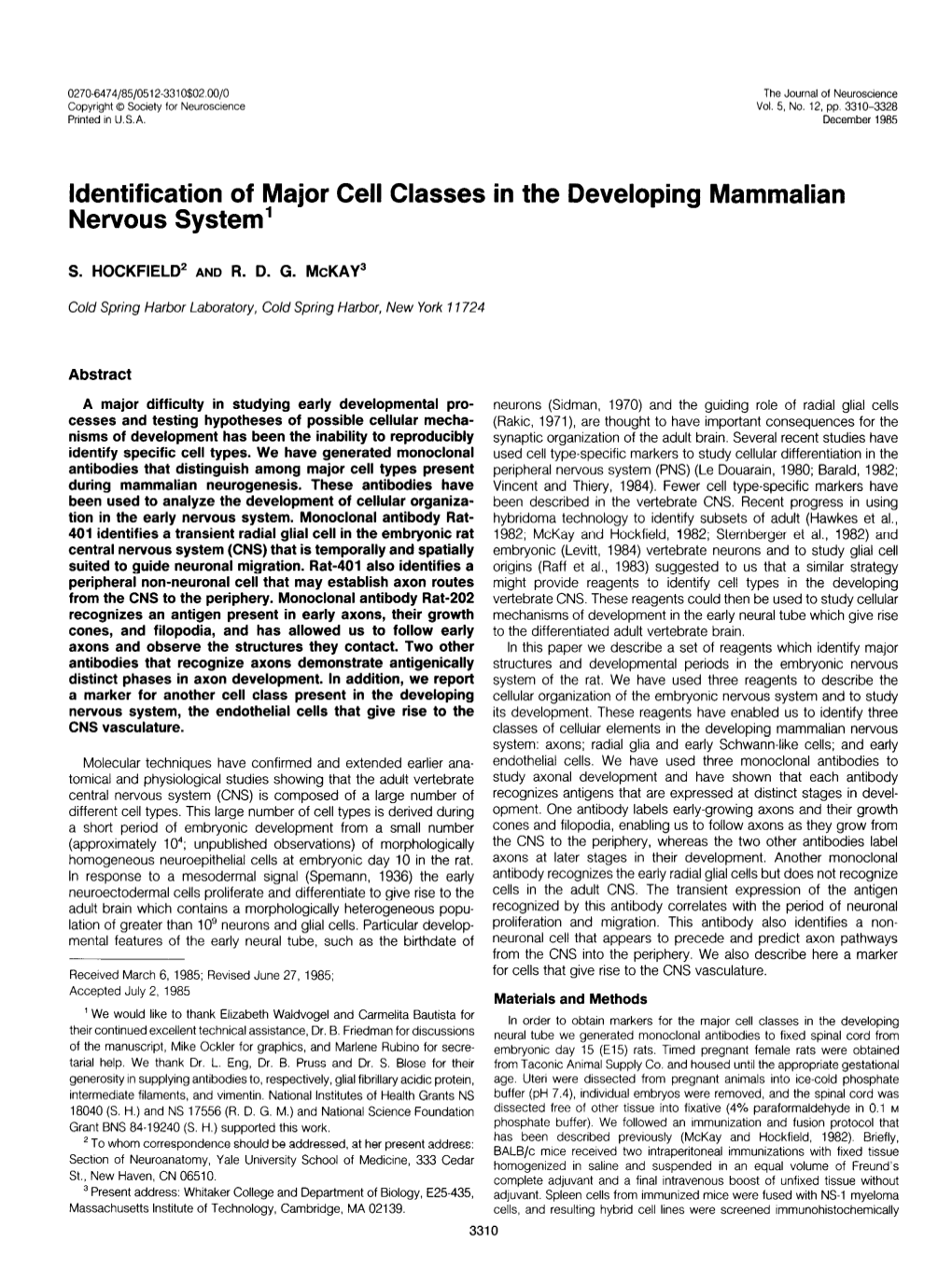 Identification of Major Cell Classes in the Developing Mammalian Nervous System’