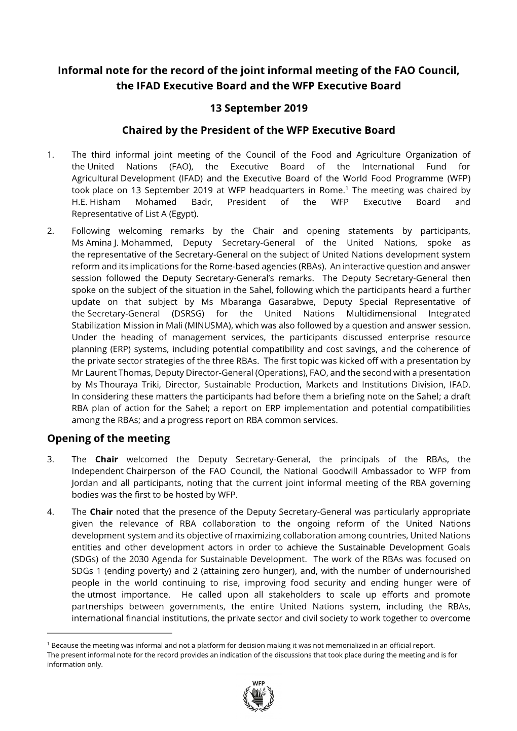 Informal Note for the Record of the Joint Informal Meeting of the FAO Council, the IFAD Executive Board and the WFP Executive Board