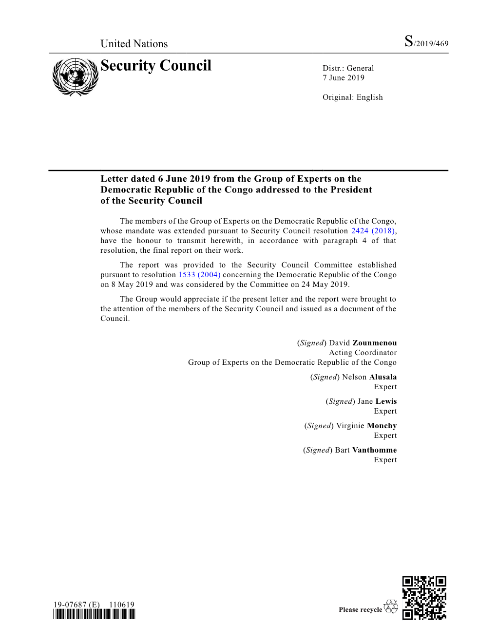 Security Council Distr.: General 7 June 2019