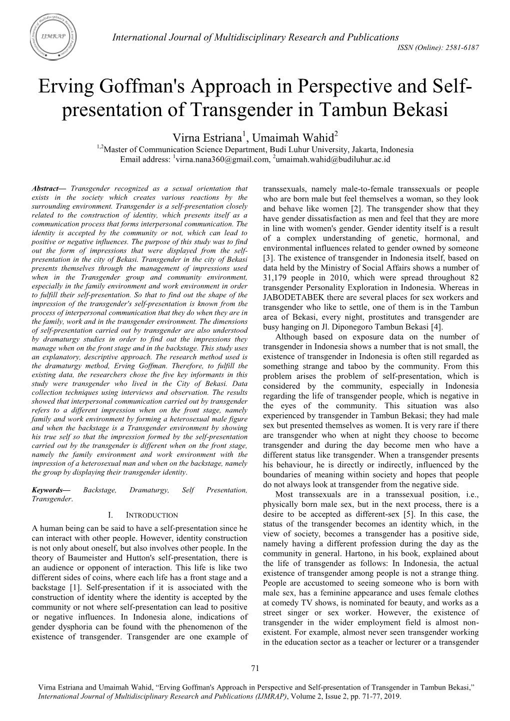 Erving Goffman's Approach in Perspective and Self- Presentation of Transgender in Tambun Bekasi