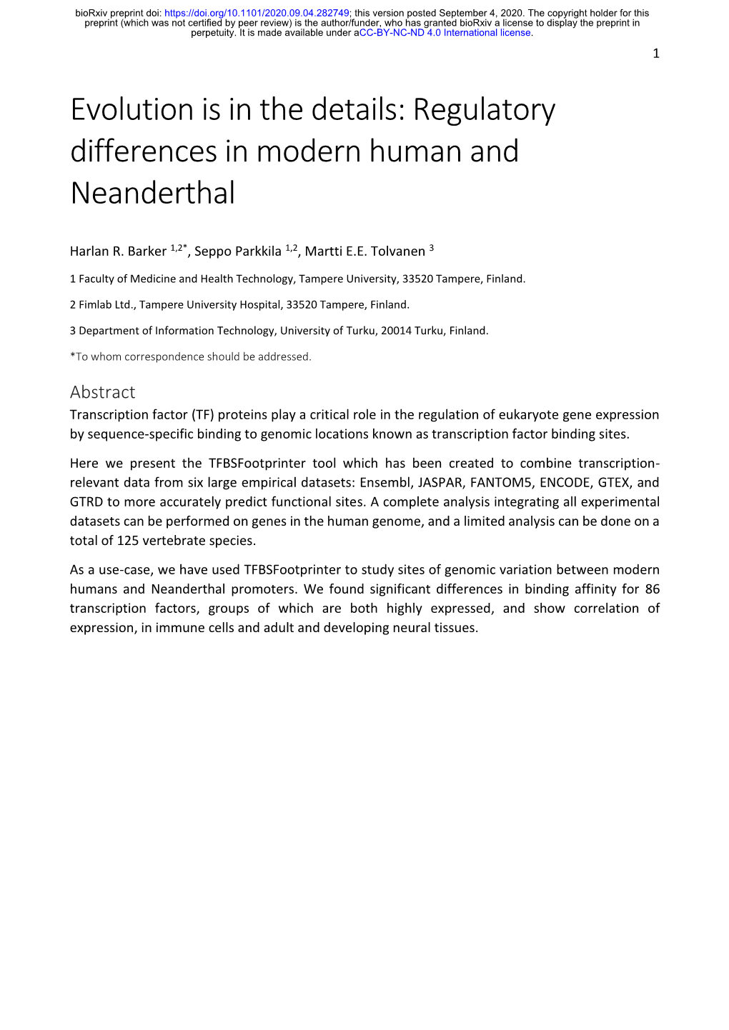 Regulatory Differences in Modern Human and Neanderthal