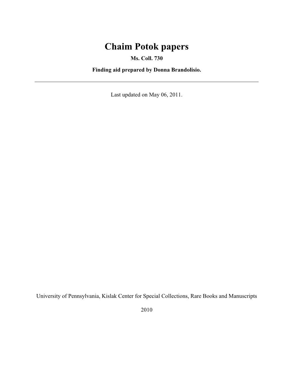 Chaim Potok Papers Ms