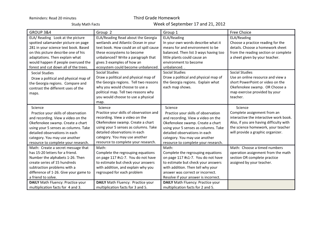 Reminders: Read 20 Minutes Third Grade Homework