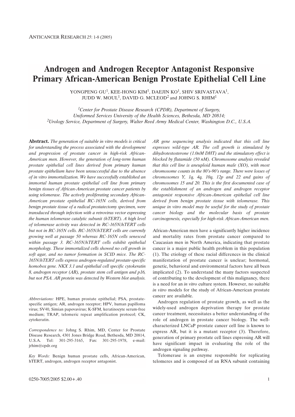 Androgen and Androgen Receptor Antagonist Responsive Primary African-American Benign Prostate Epithelial Cell Line