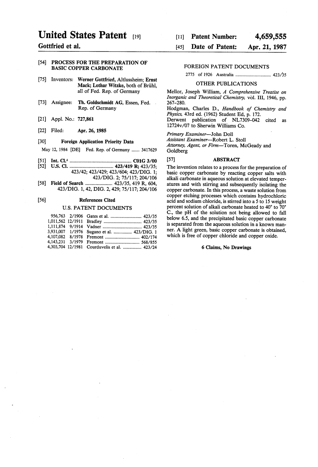 United States Patent (19) 11 Patent Number: 4,659,555 Gottfried Et Al