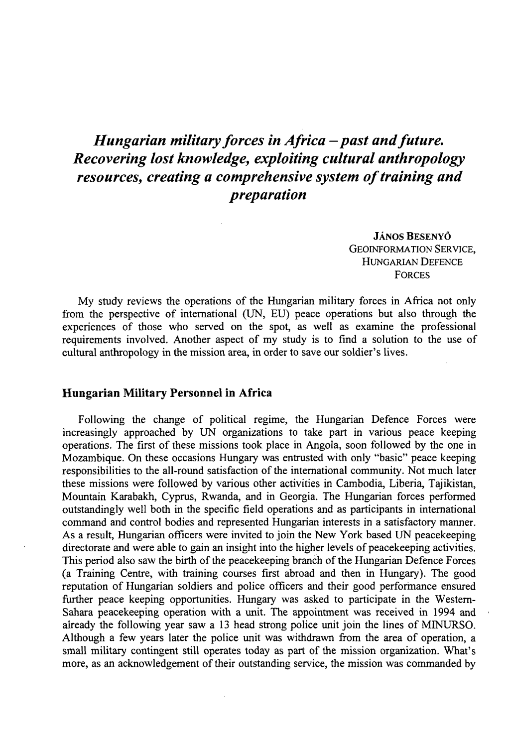 Hungarian Military Forces in Africa —Past and Future. Recovering Lost