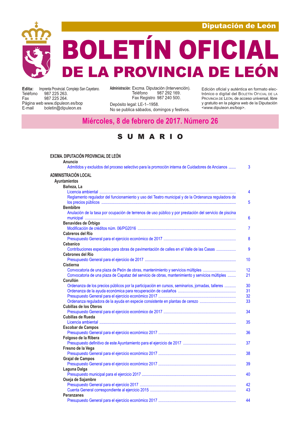 BOLETÍN OFICIAL DE LA PROVINCIA DE LEÓN Edita: Imprenta Provincial