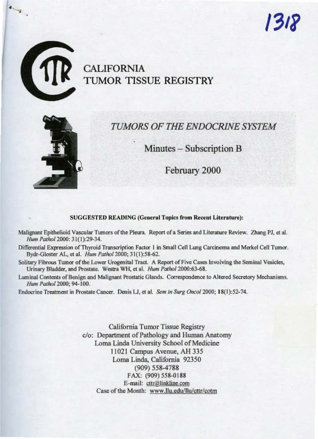 Californla TUMOR TISSUE REGISTRY TUMORS of THE