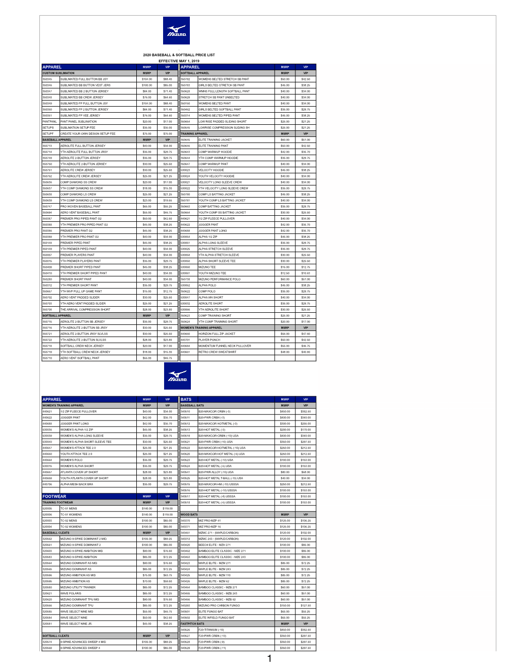 Vip Baseball & Softball Pricing Sheed