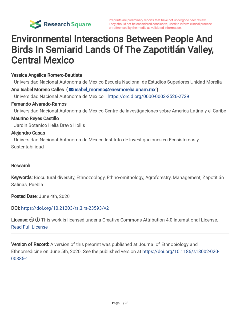 Environmental Interactions Between People and Birds in Semiarid Lands of the Zapotitlán Valley, Central Mexico