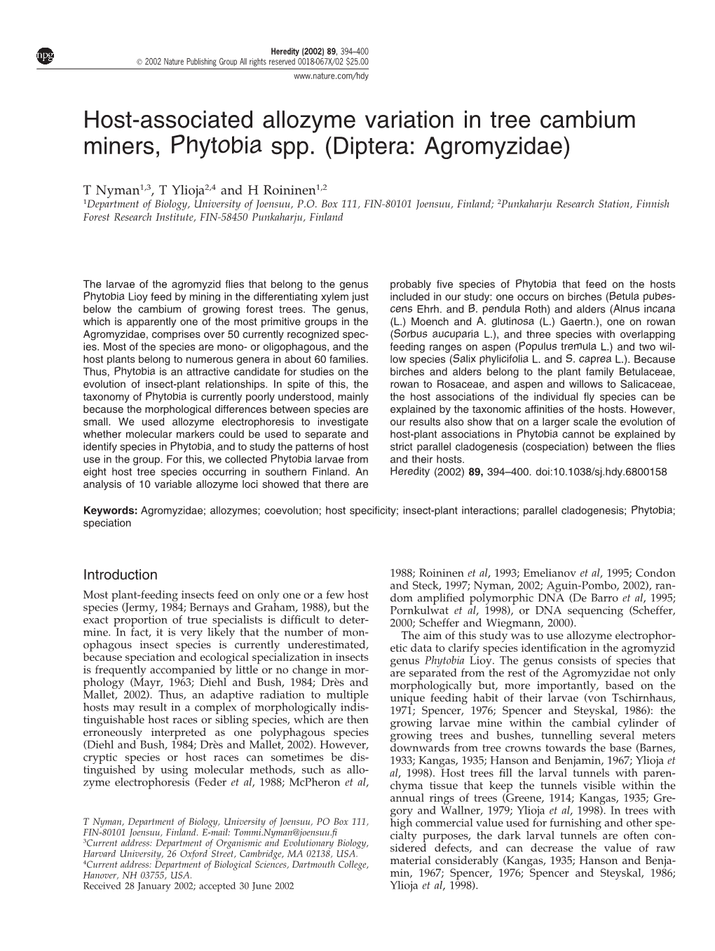 Host-Associated Allozyme Variation in Tree Cambium Miners, Phytobia Spp