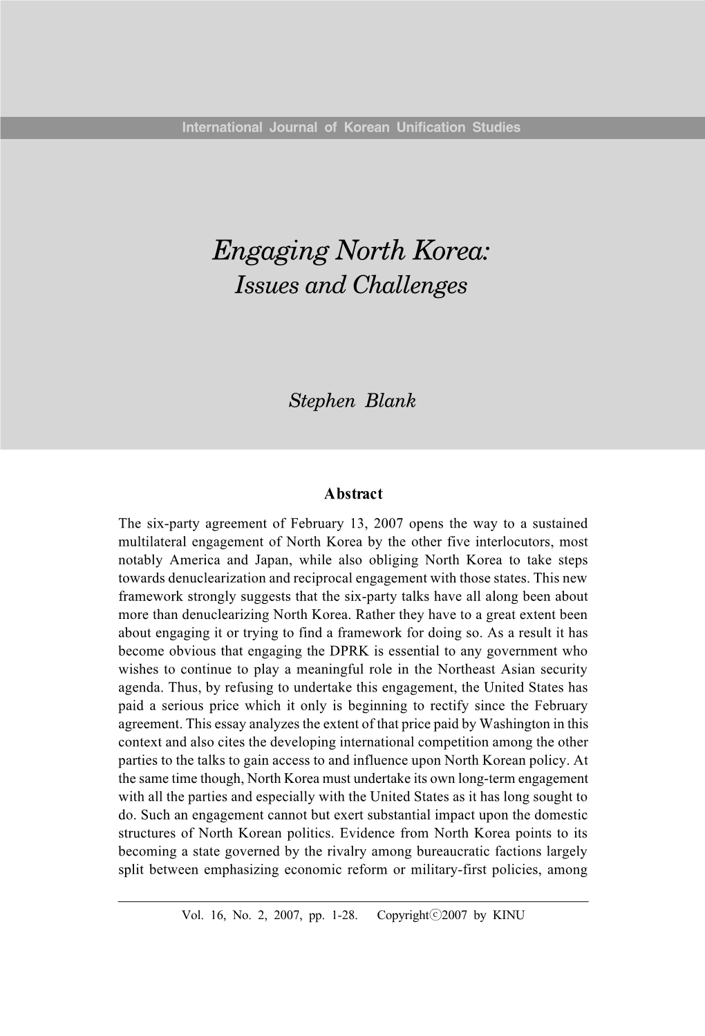 Engaging North Korea: Issues and Challenges