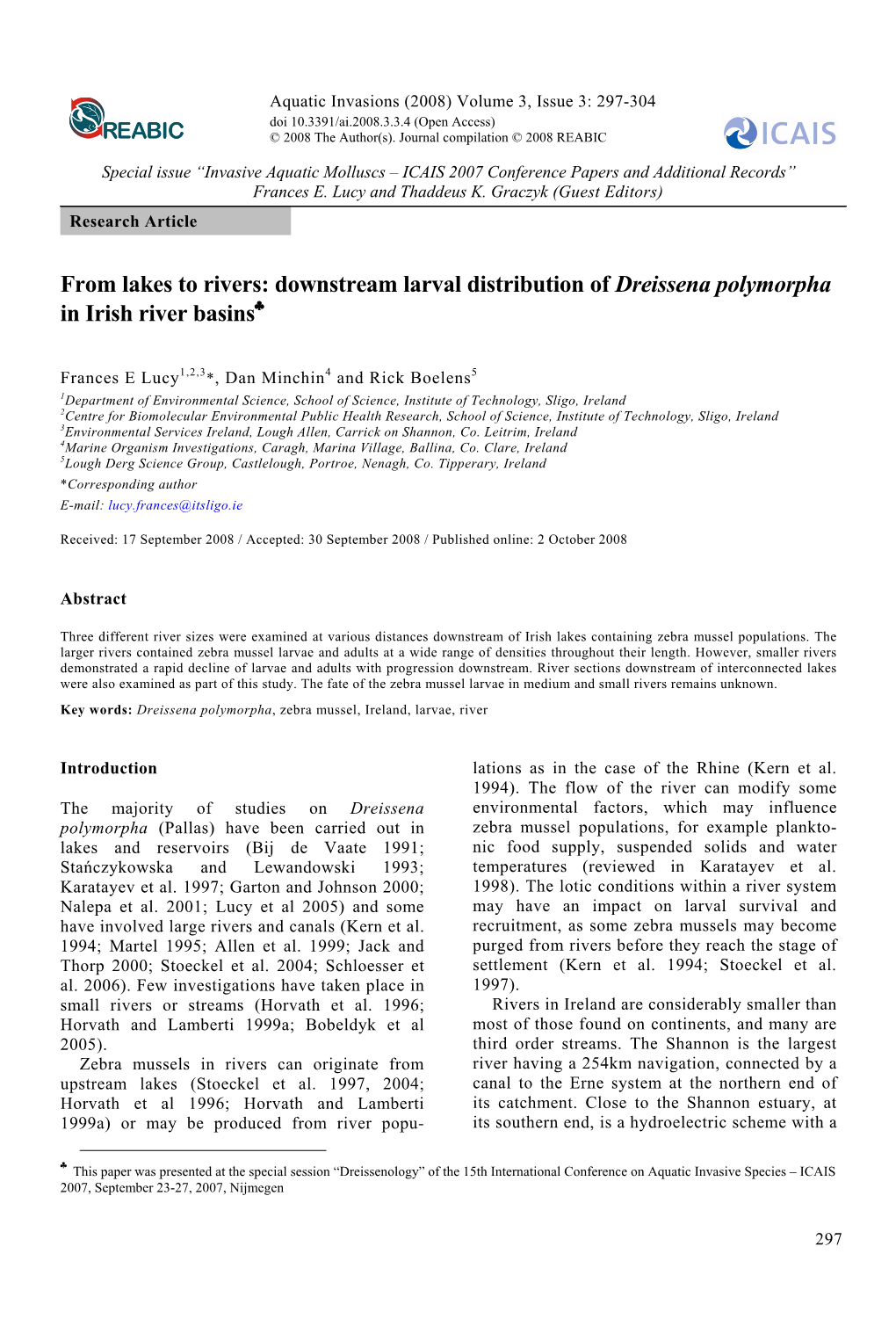 From Lakes to Rivers: Downstream Larval Distribution of Dreissena Polymorpha in Irish River Basins