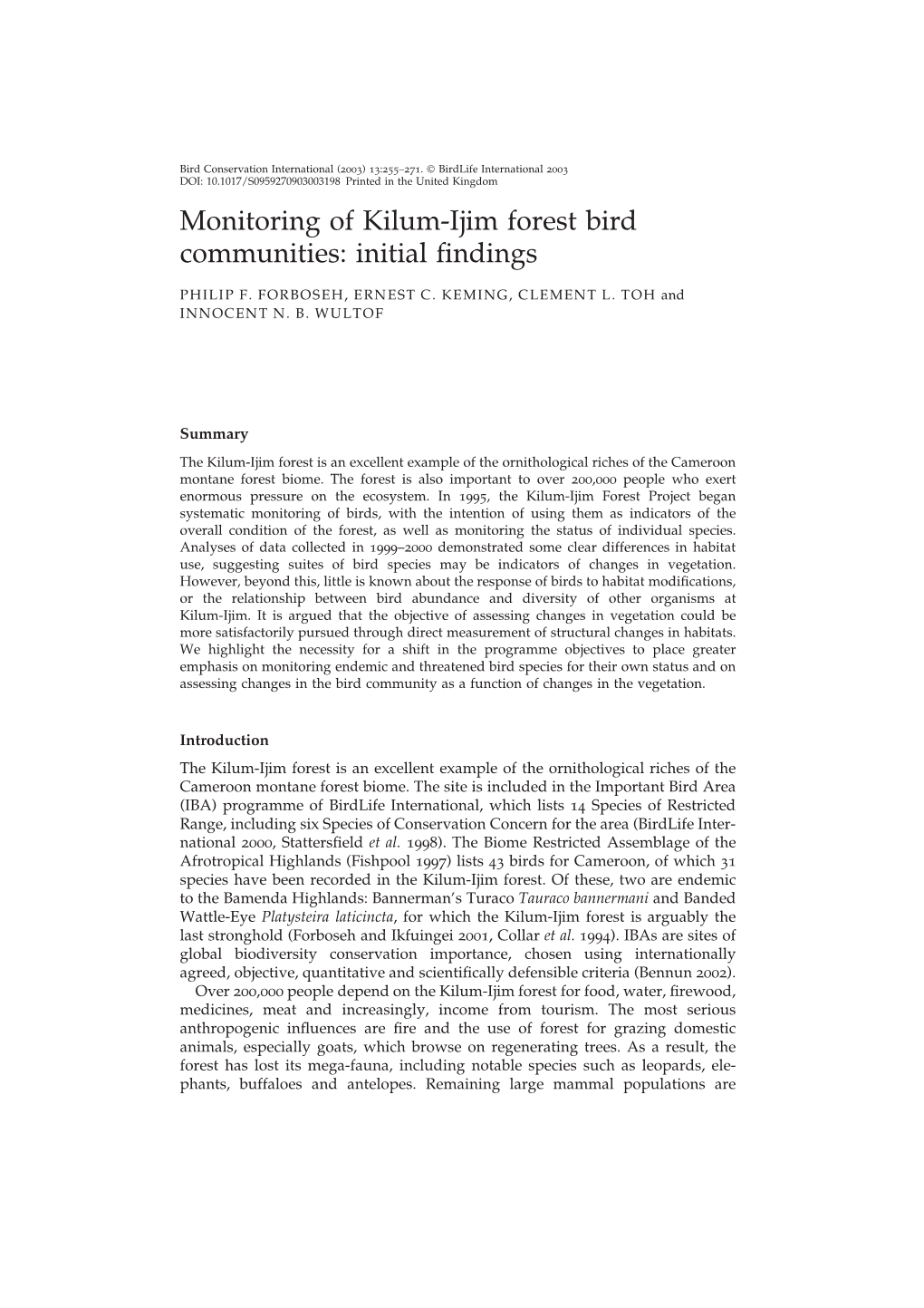 Monitoring of Kilum-Ijim Forest Bird Communities: Initial ﬁndings