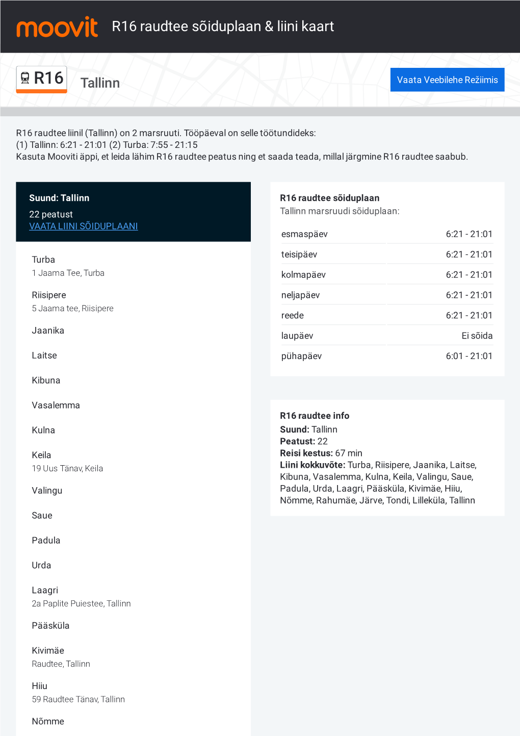 R16 Raudtee Sõiduplaan & Liini Marsruudi Kaart