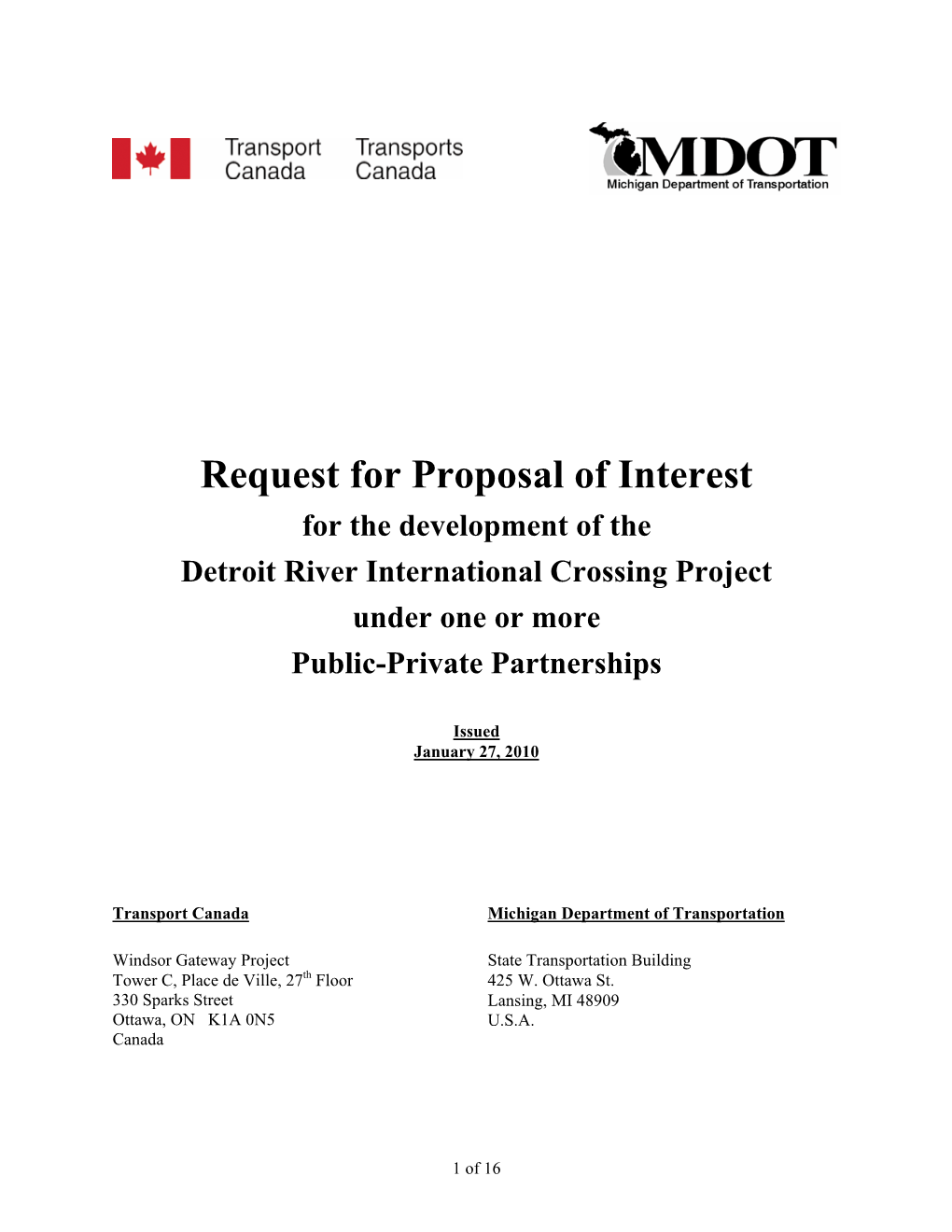 Request for Proposal of Interest for the Development of the Detroit River International Crossing Project Under One Or More Public-Private Partnerships