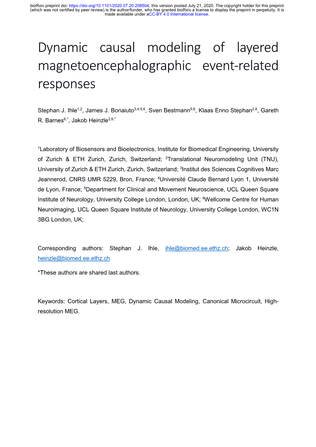 Dynamic Causal Modeling of Layered Magnetoencephalographic Event-Related Responses