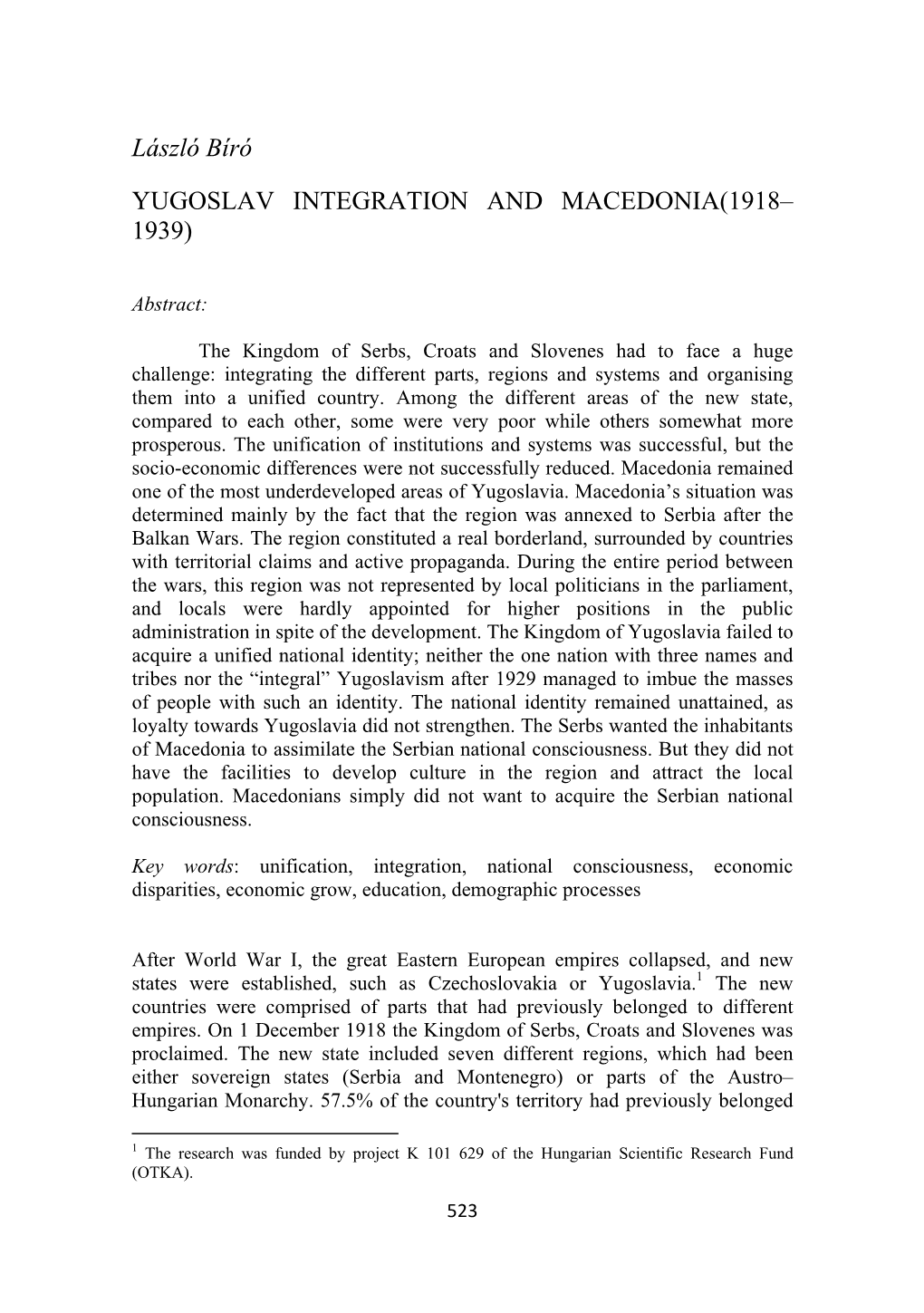 László Bíró YUGOSLAV INTEGRATION and MACEDONIA