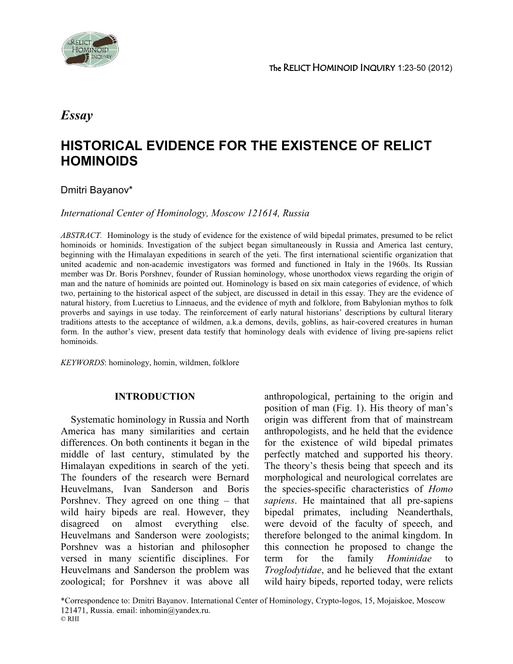 Historical Evidence for the Existence of Relict Hominoids 1:23-50