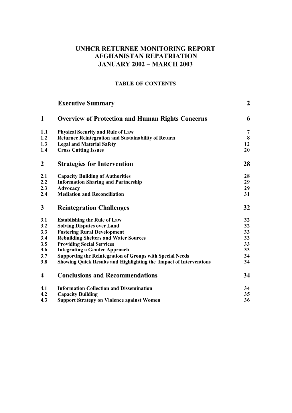 Unhcr Returnee Monitoring Report Afghanistan Repatriation January 2002 – March 2003