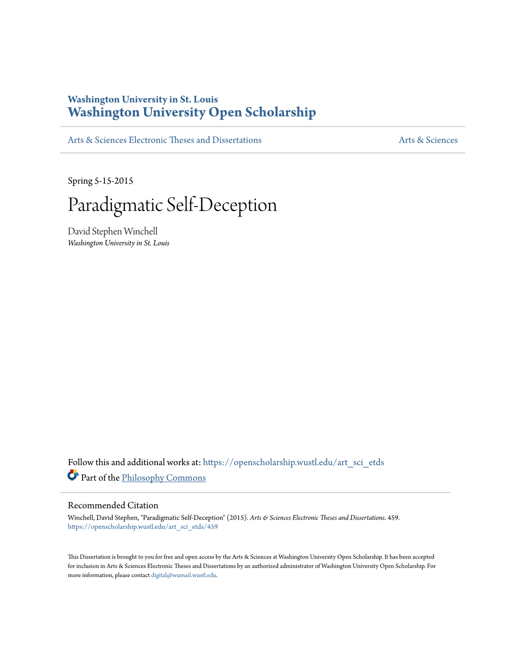 Paradigmatic Self-Deception David Stephen Winchell Washington University in St