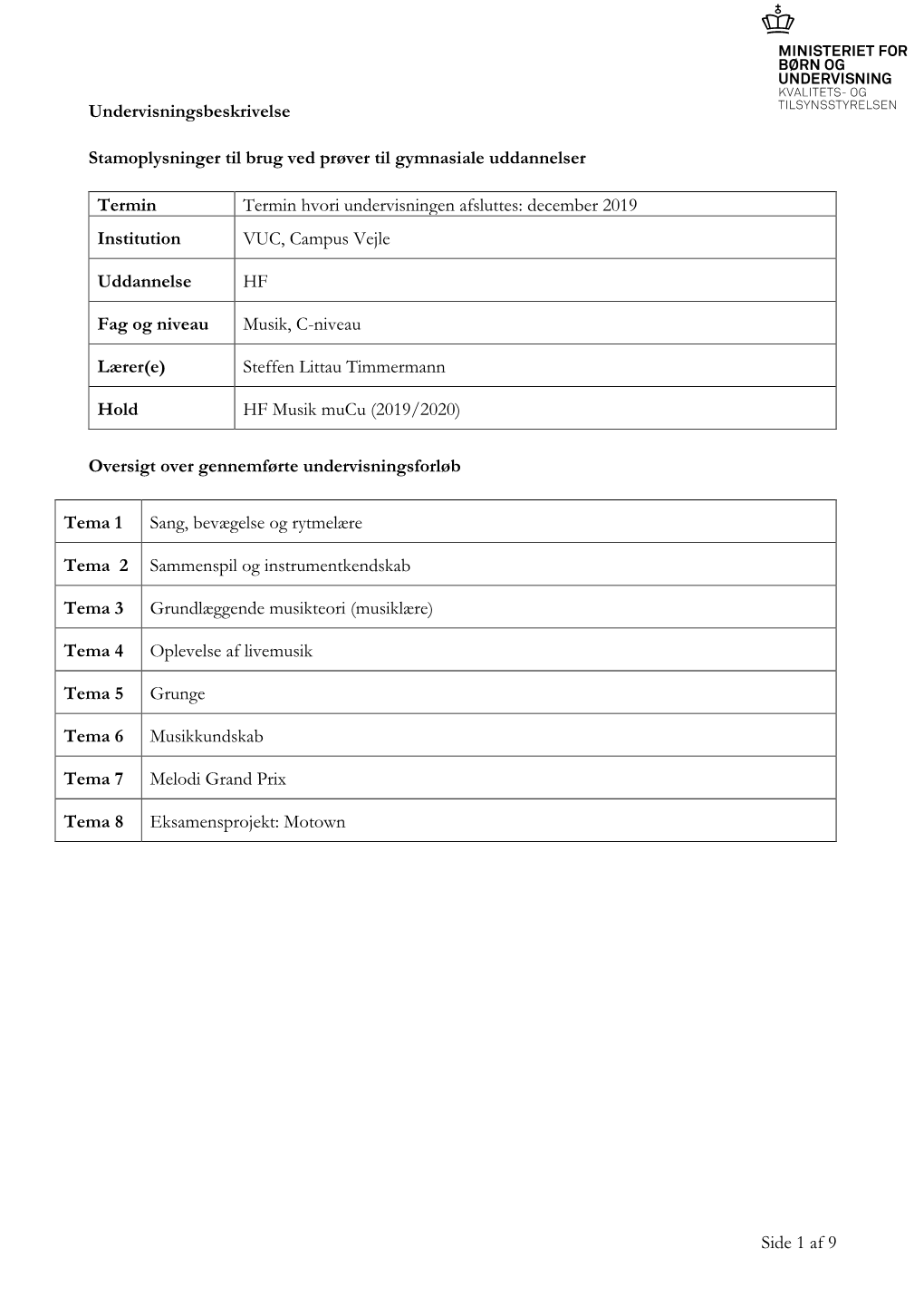 Side 1 Af 9 Undervisningsbeskrivelse Stamoplysninger Til Brug Ved Prøver