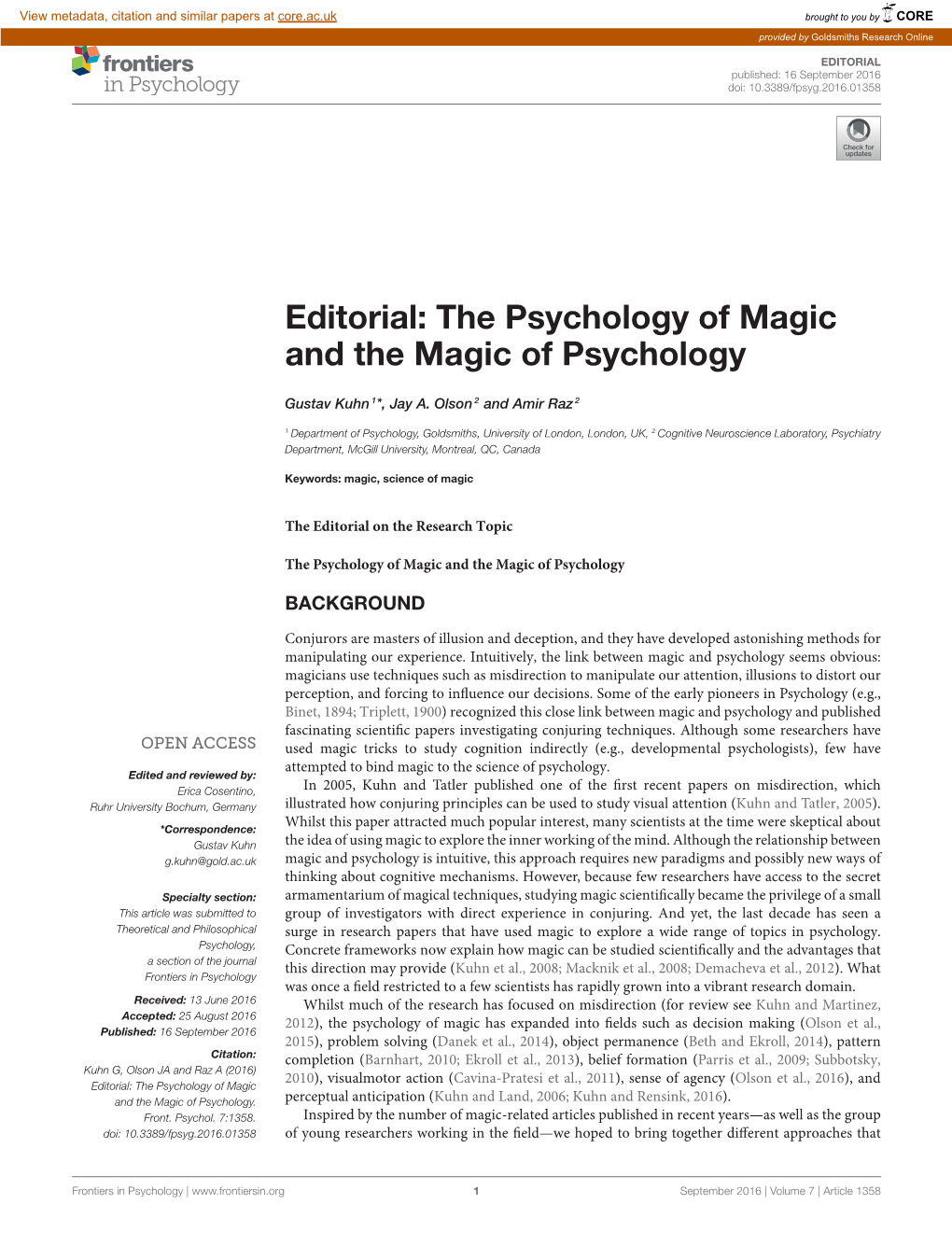 Editorial: the Psychology of Magic and the Magic of Psychology