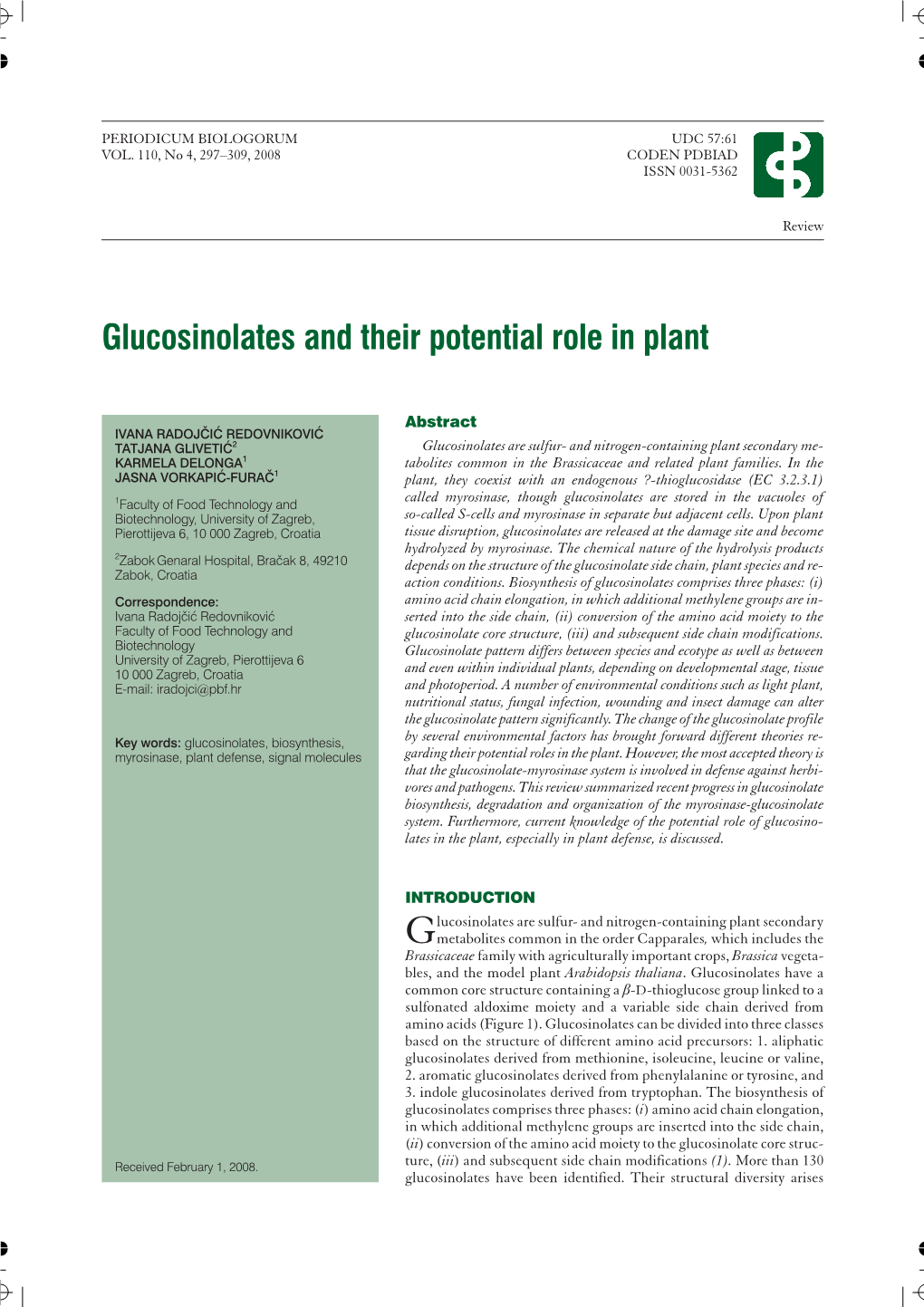 Glucosinolates and Their Potential Role in Plant