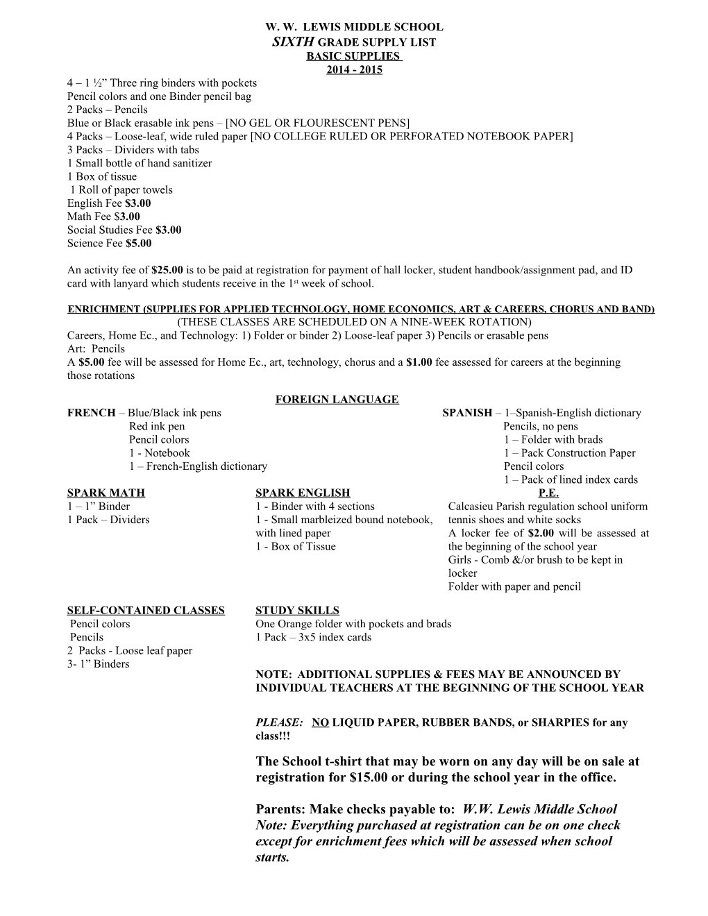 Sixth Grade Supply List s1