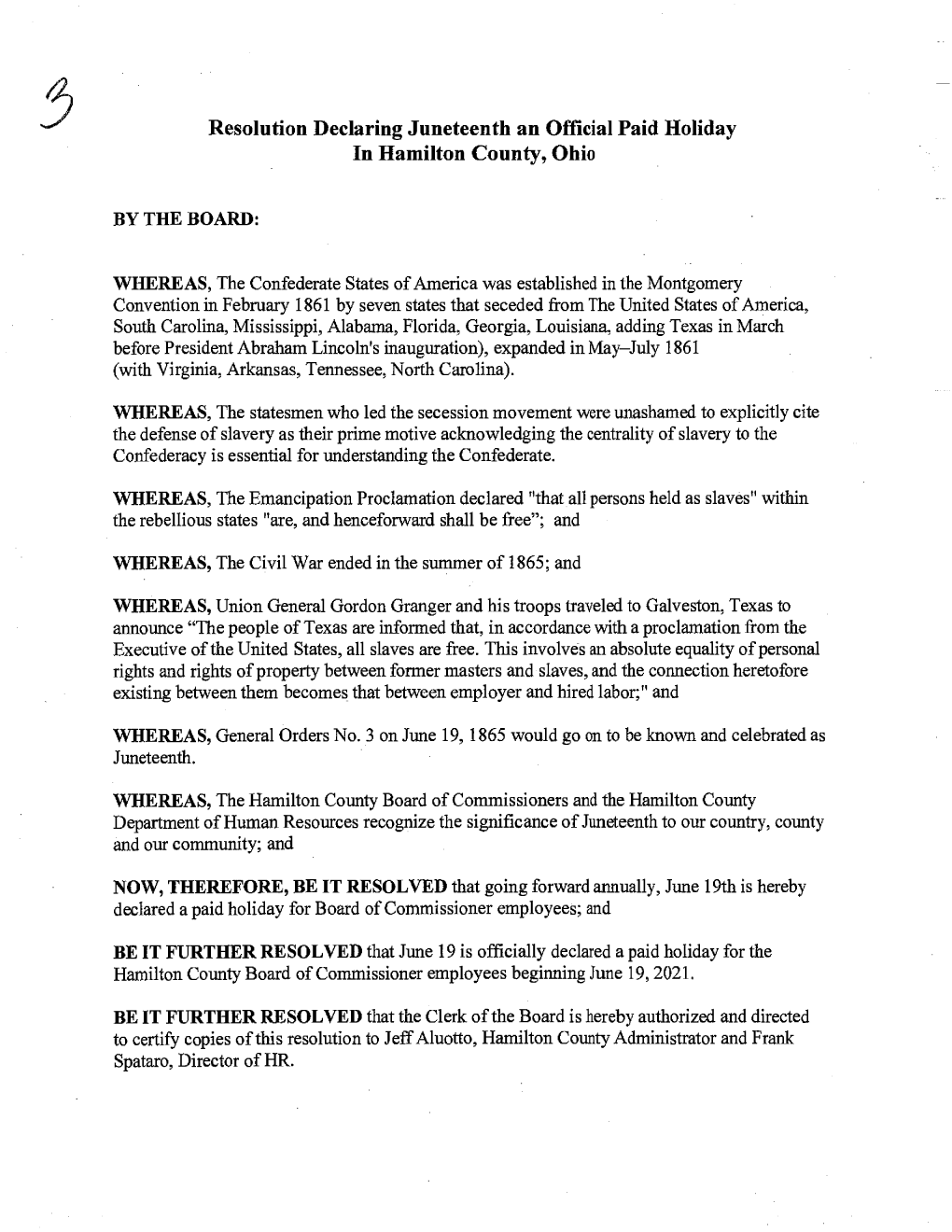 Resolution Declaring Juneteenth an Official Paid Holiday in Hamilton County, Ohio