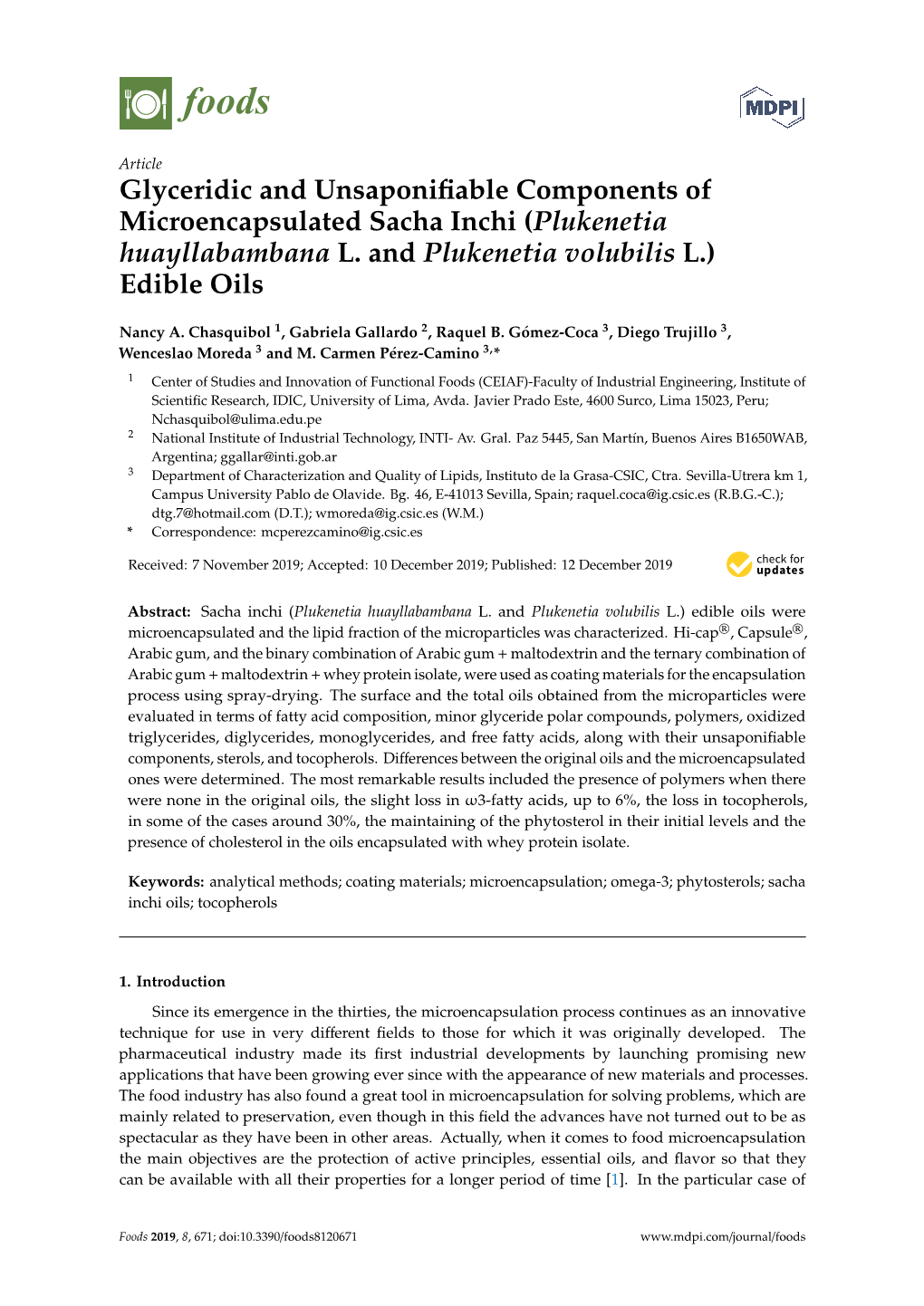 Glyceridic and Unsaponifiable Components of Microencapsulated Sacha Inchi