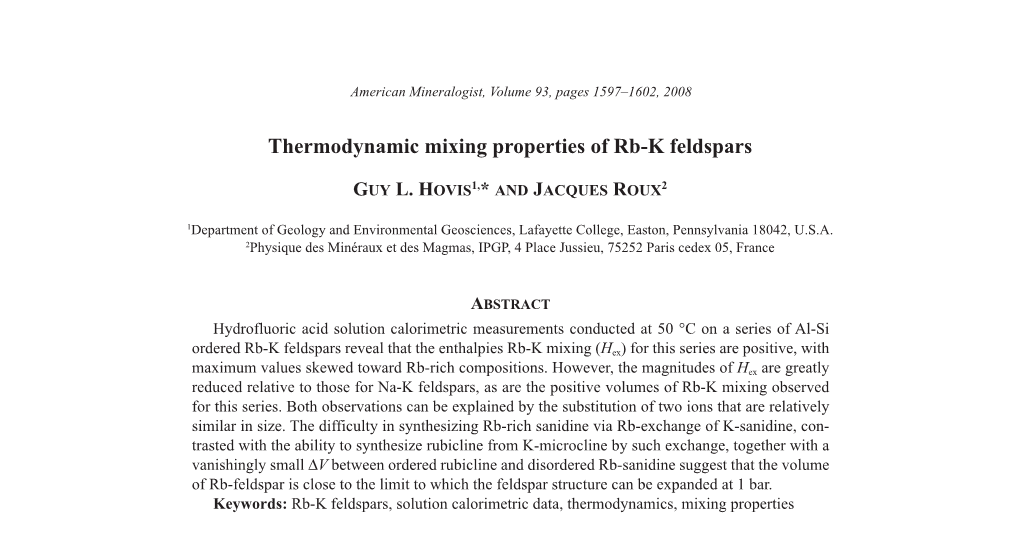 Thermodynamic Mixing Properties of Rb-K Feldspars
