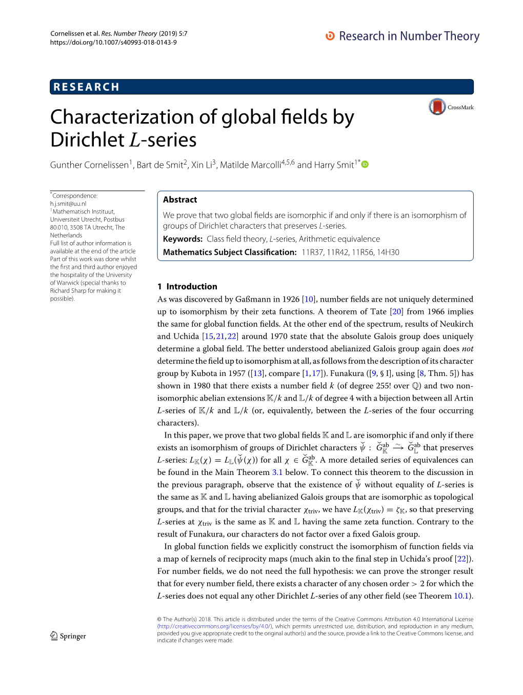 Characterization of Global Fields by Dirichlet L-Series
