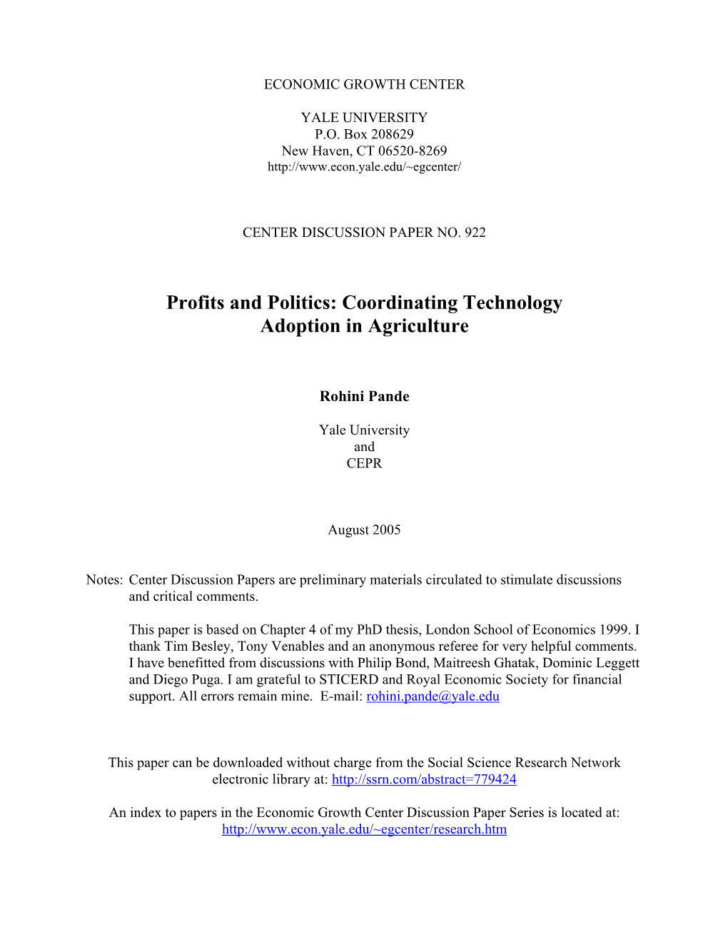Profits and Politics: Coordinating Technology Adoption in Agriculture