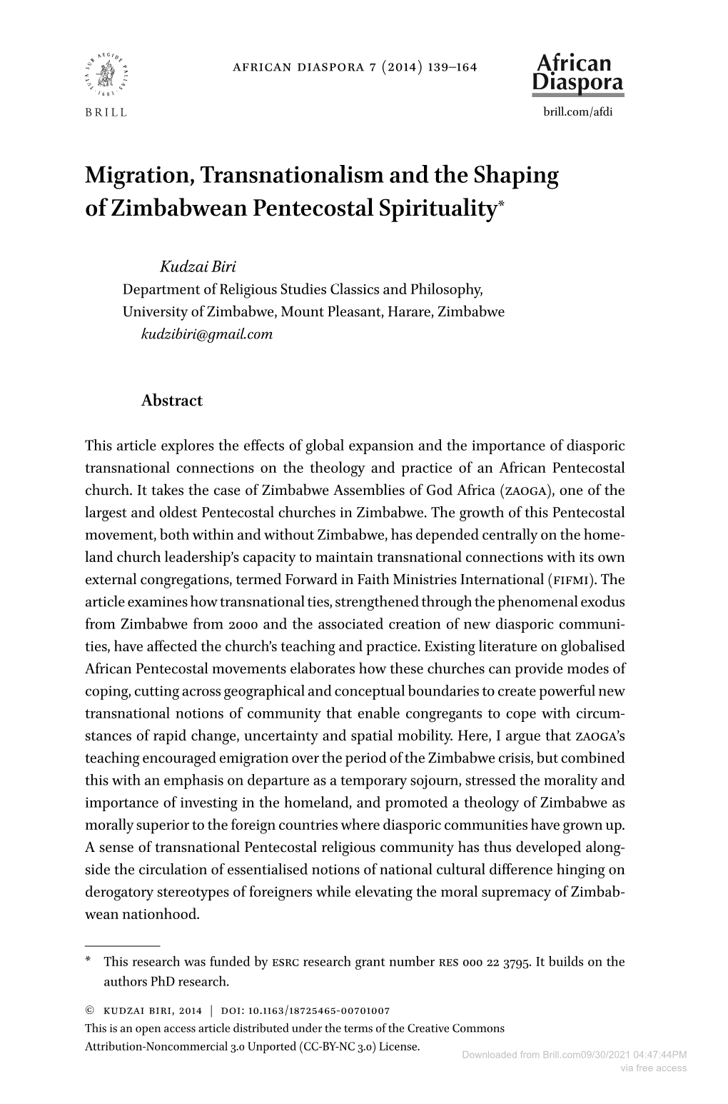 Migration, Transnationalism and the Shaping of Zimbabwean Pentecostal Spirituality*