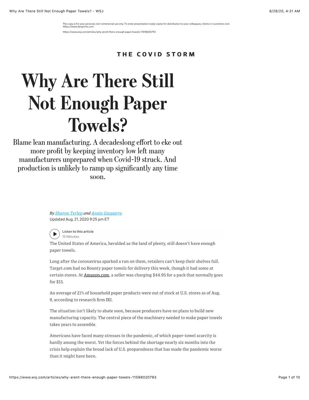 Not Enough Paper Towels? - WSJ 8/28/20, 4�31 AM