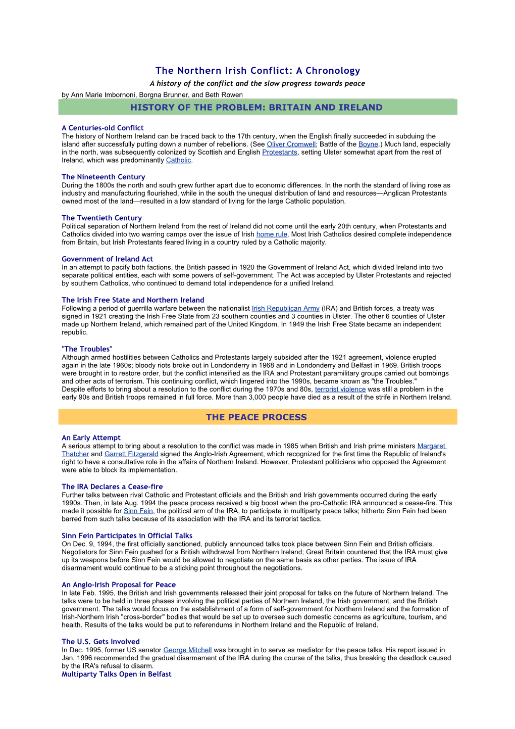 The Northern Irish Conflict: a Chronology