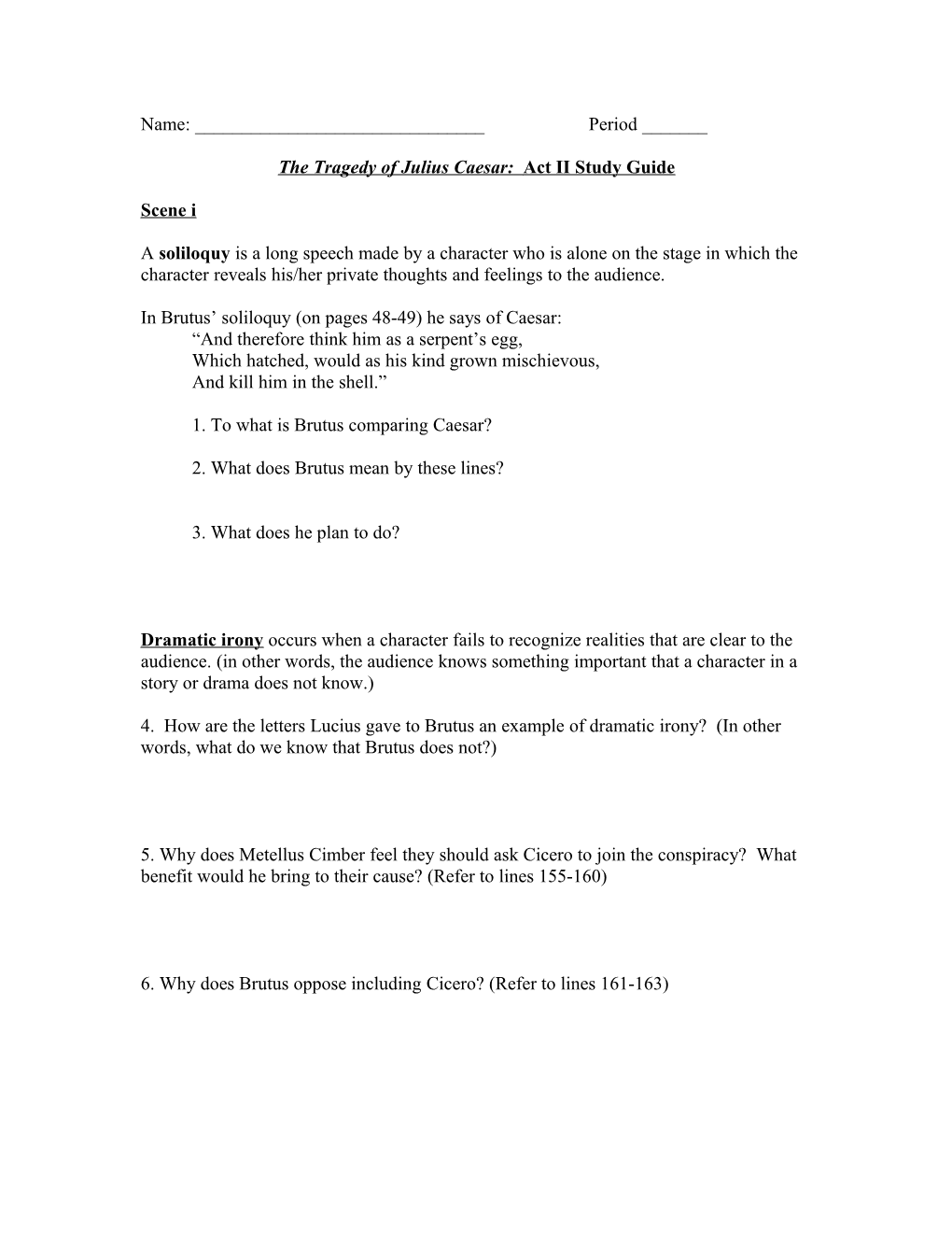 The Tragedy of Julius Caesar: Act II Study Guide