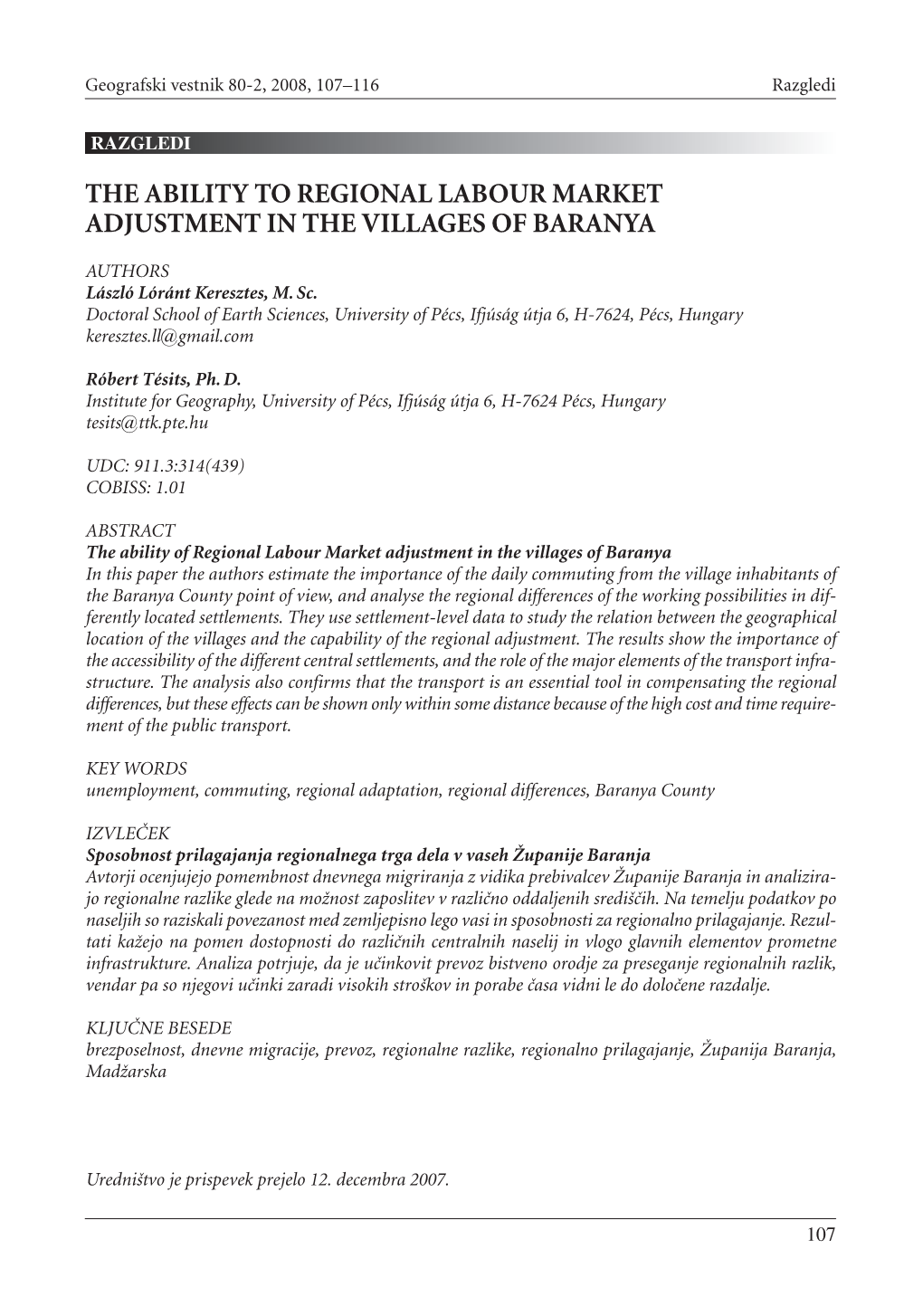 The Ability to Regional Labour Market Adjustment in the Villages of Baranya